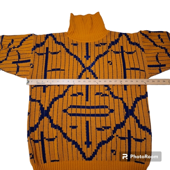 VTG LeRoy Knitwear Abstract Modernist 70s Sweater Sz L Orange & Blue - Picture 3 of 6